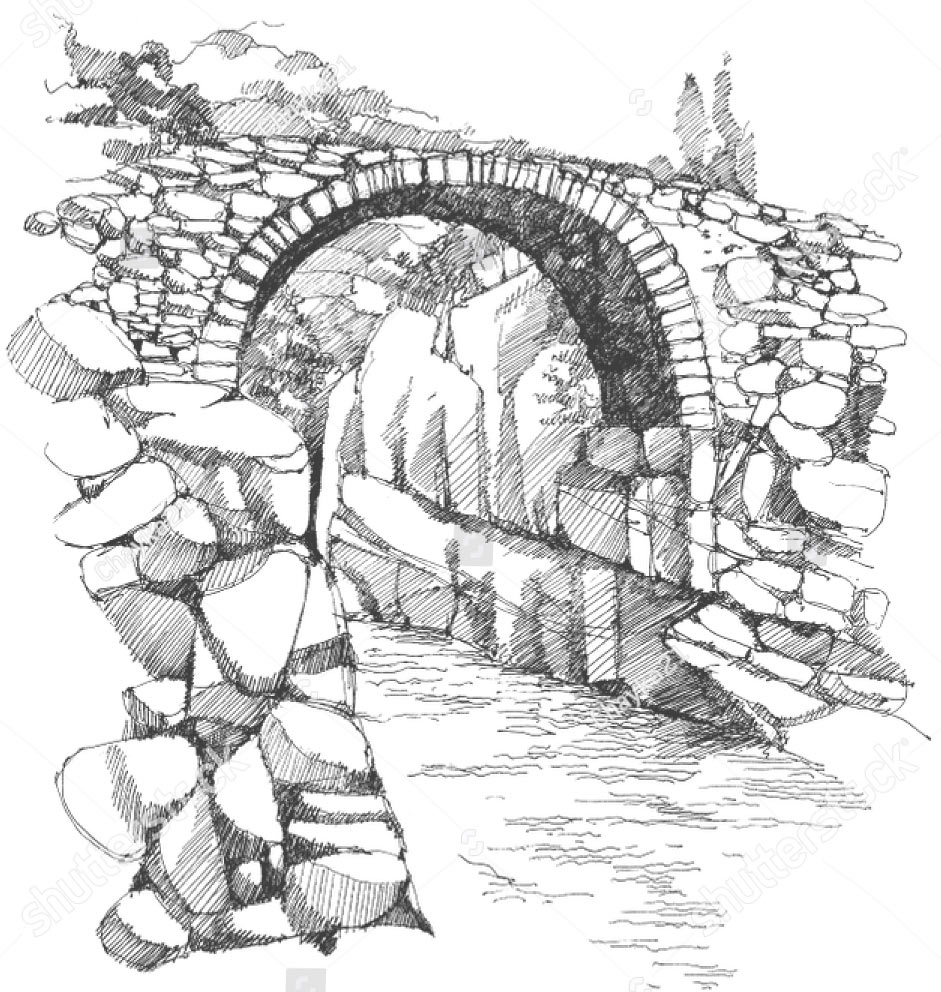 Grabado de un puente de piedra medieval